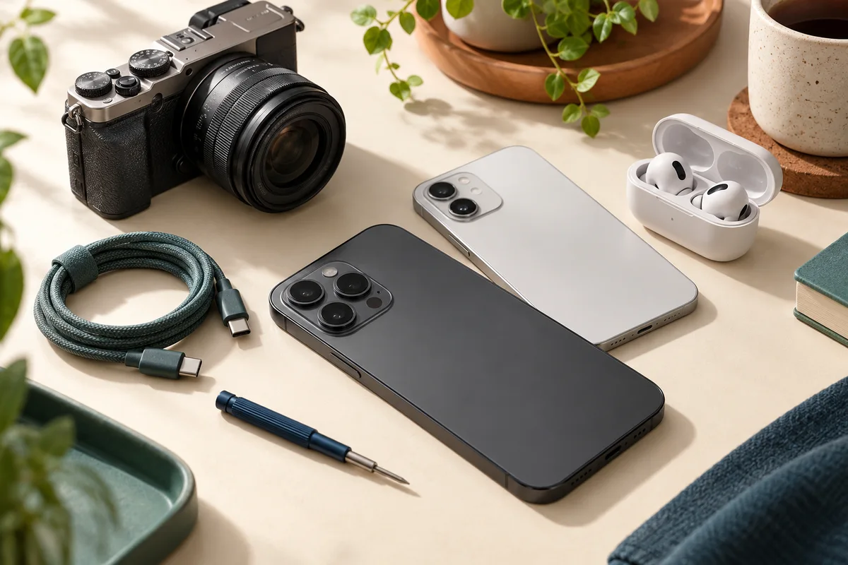 Illustration of smartphones, a camera, earbuds and repair tools on a sunlit desk