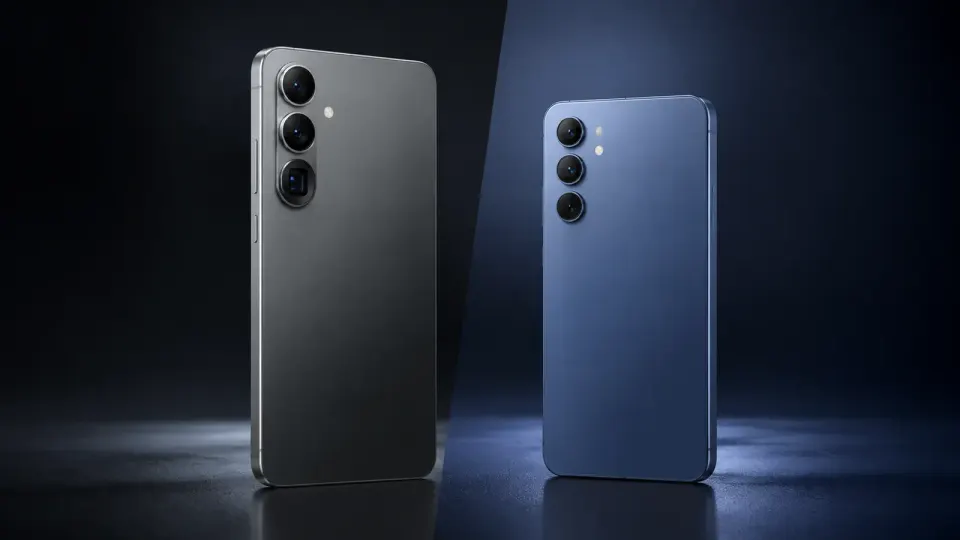 Samsung Galaxy S26 FE and Galaxy A57 shown side by side in a FlawCheck comparison illustration