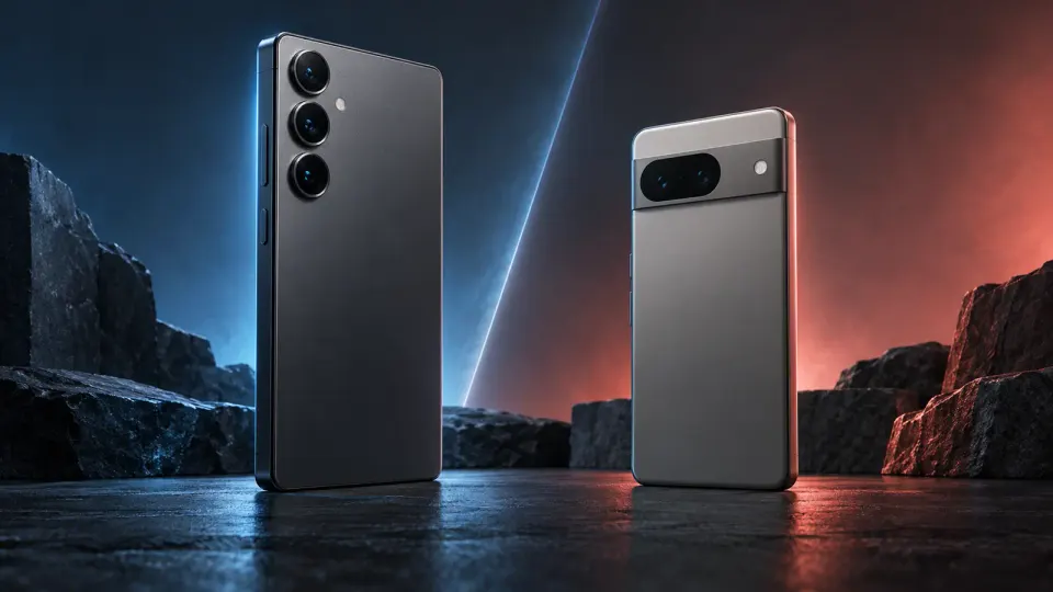 Two generic smartphones shown side by side in a FlawCheck concept comparison of Galaxy S26 FE and Pixel 10a