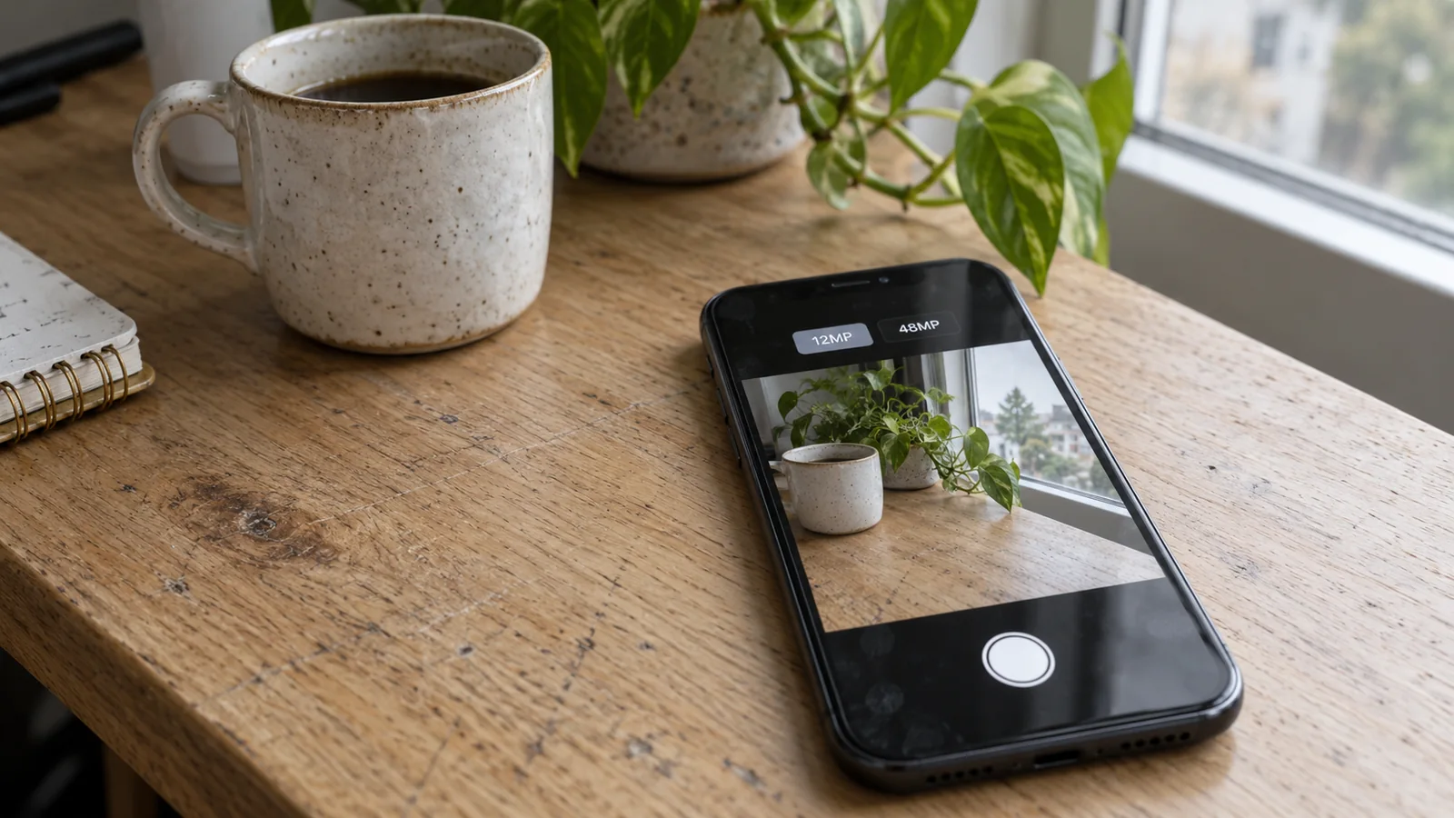 Smartphone on a wooden desk with a generic 12MP and 48MP resolution selector
