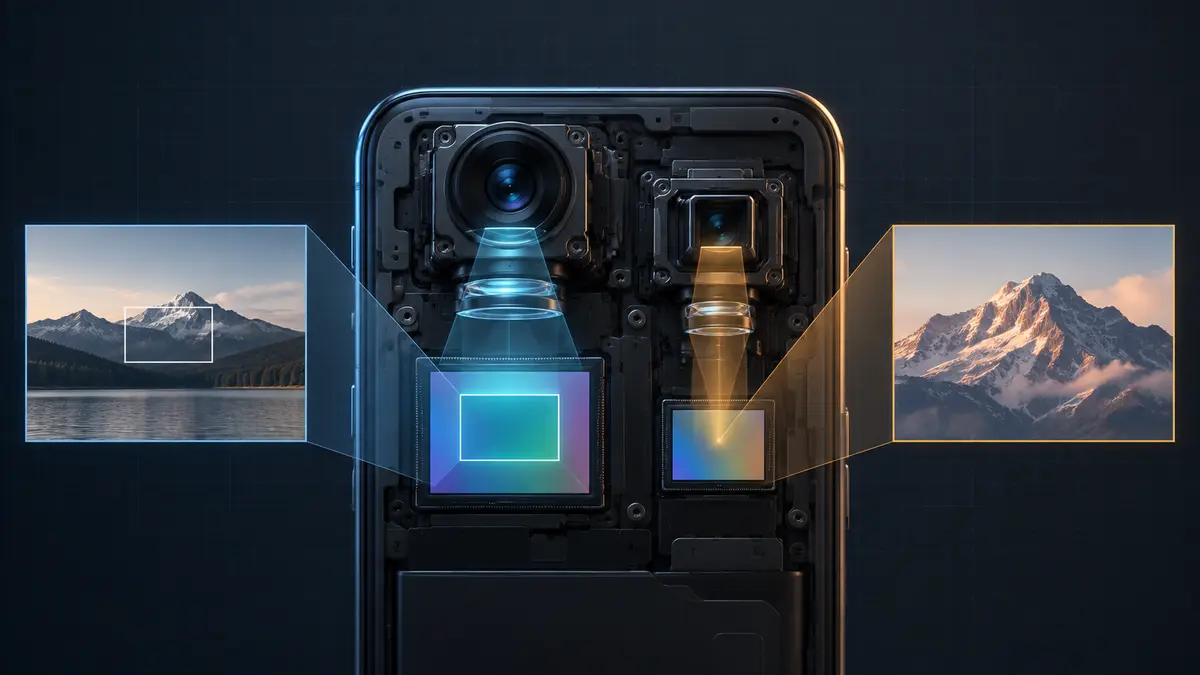 Editorial cutaway comparing a smartphone main-sensor center crop with a separate telephoto camera module