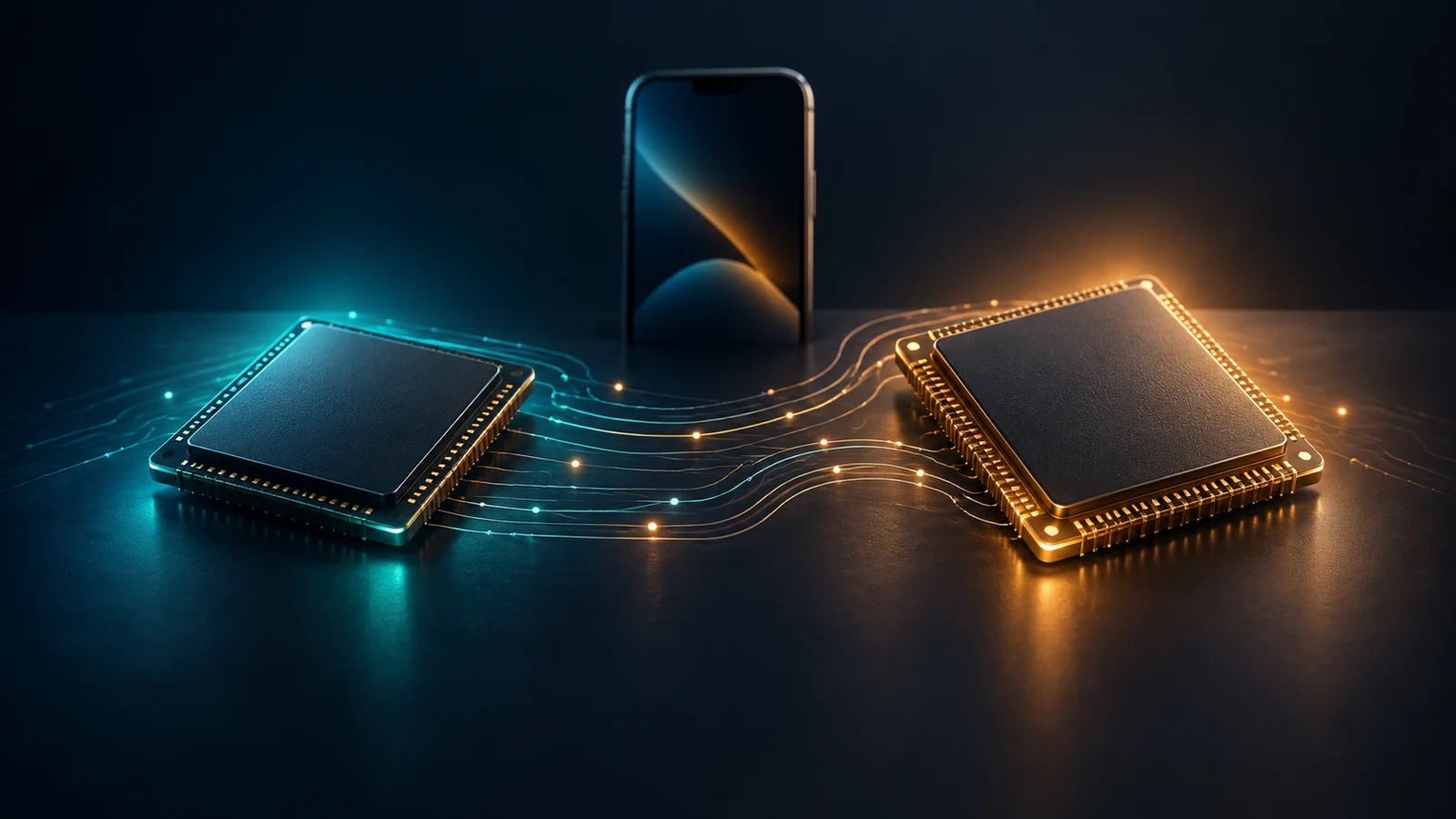 Conceptual mobile processor packages linked by circuit traces beside a smartphone