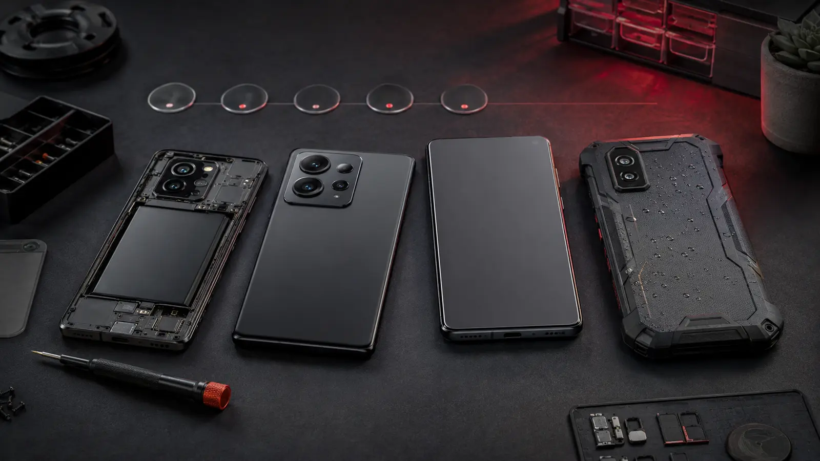 Editorial concept showing four unbranded smartphones representing repairability, camera capability, conventional premium design and rugged water resistance
