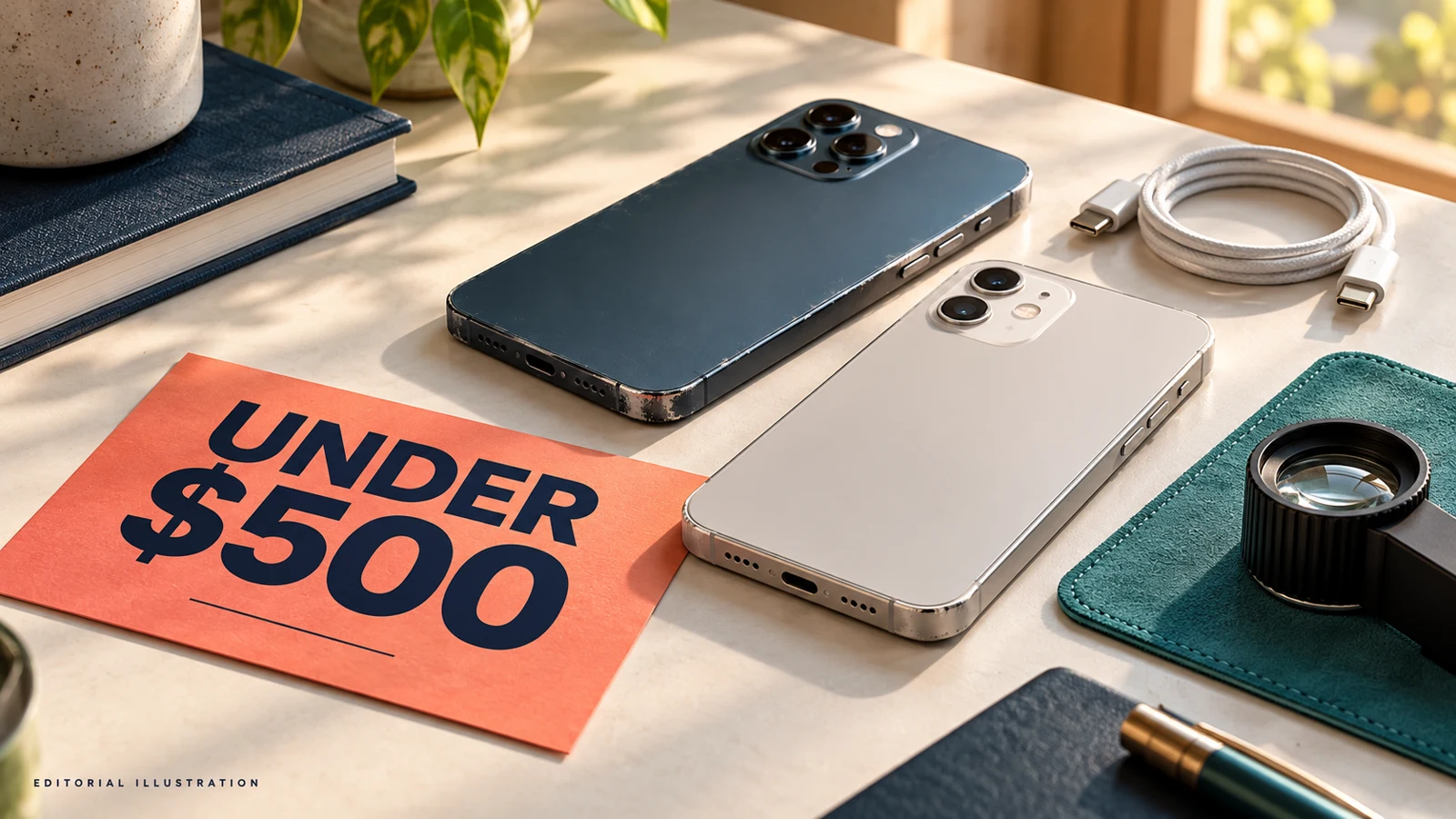 Editorial illustration of gently used phones, a USB-C cable and an inspection loupe beside an Under $500 budget card.