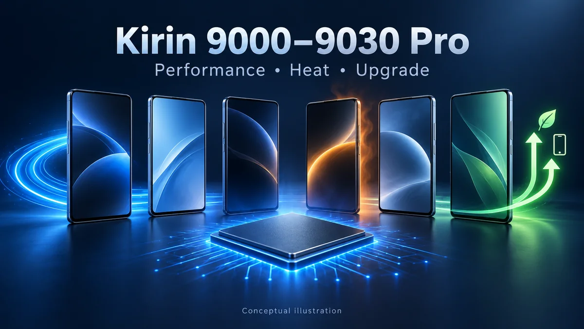 Conceptual Huawei Kirin generations illustrating performance, heat and upgrade choices.
