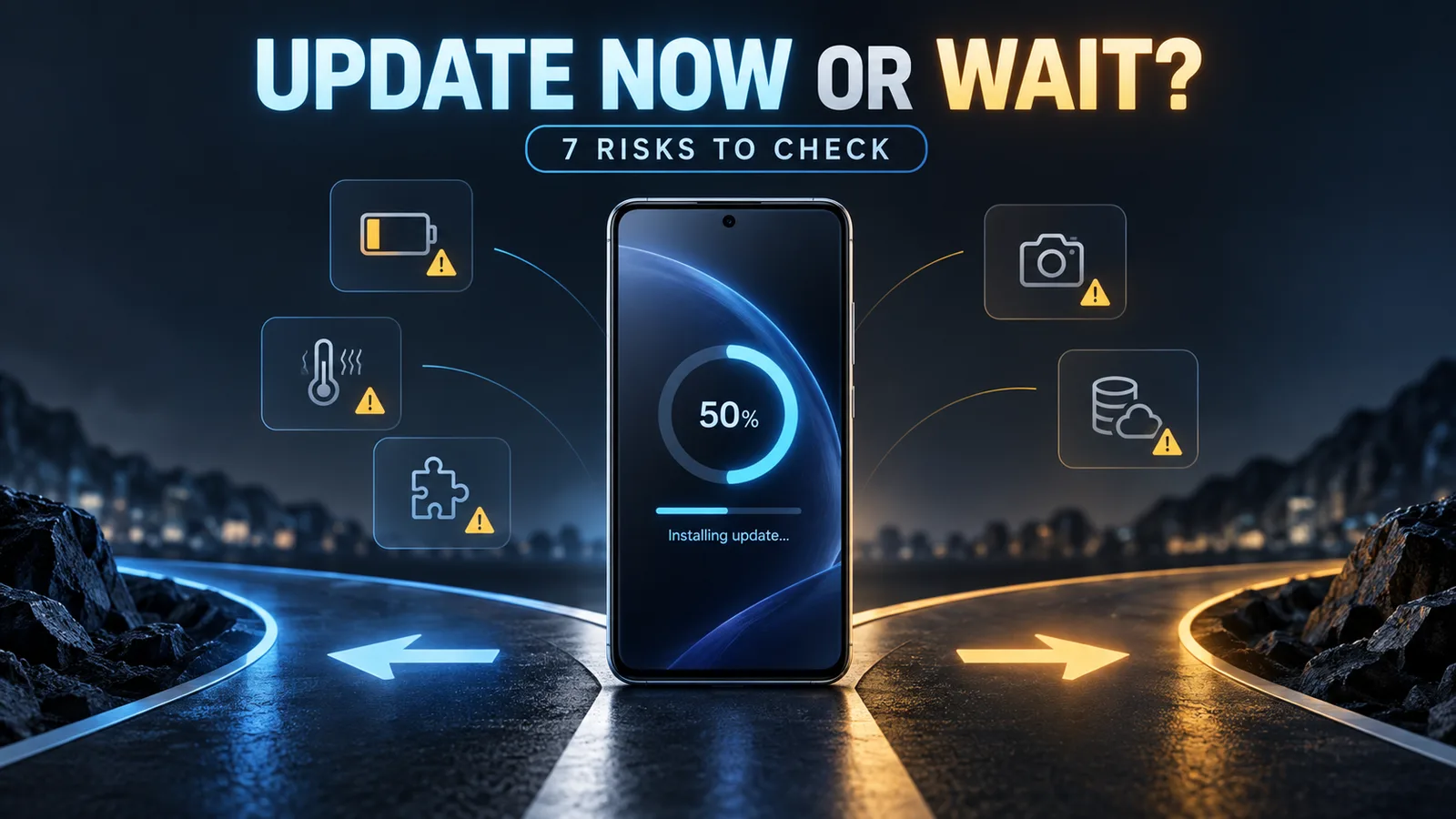Generic smartphone at an update decision point with battery, heat, app compatibility, camera and backup risk indicators