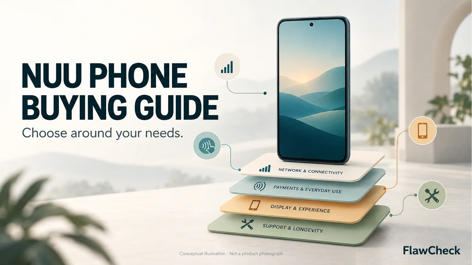 Conceptual unbranded phone above decision cards for connectivity, payments, display and support; not a photograph of a NUU model.