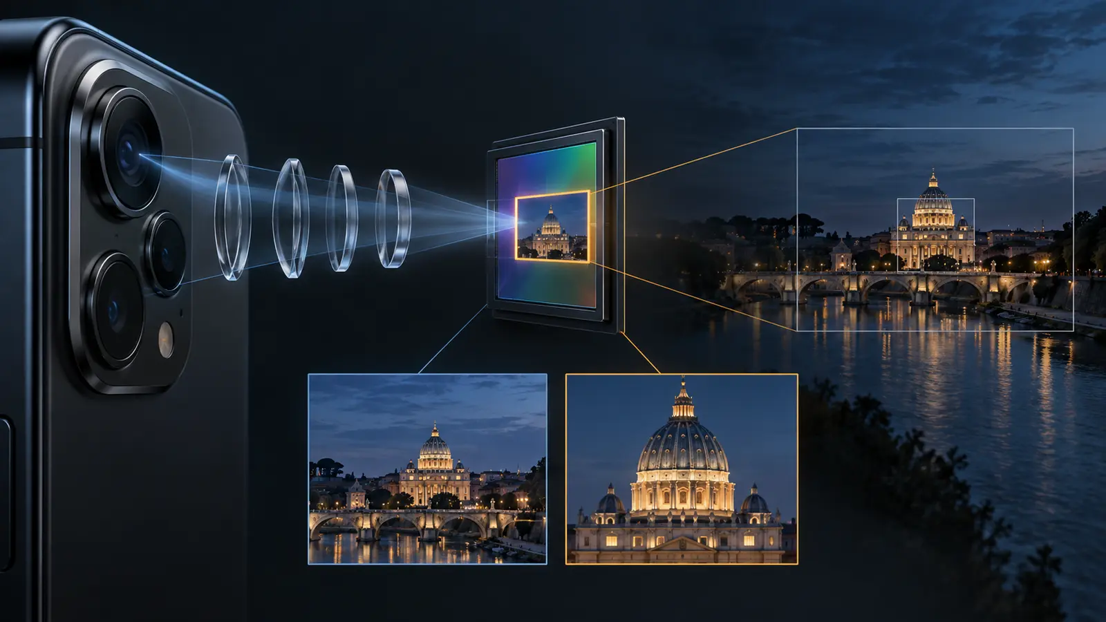 Editorial illustration showing a smartphone lens, image sensor and highlighted center crop used for phone zoom
