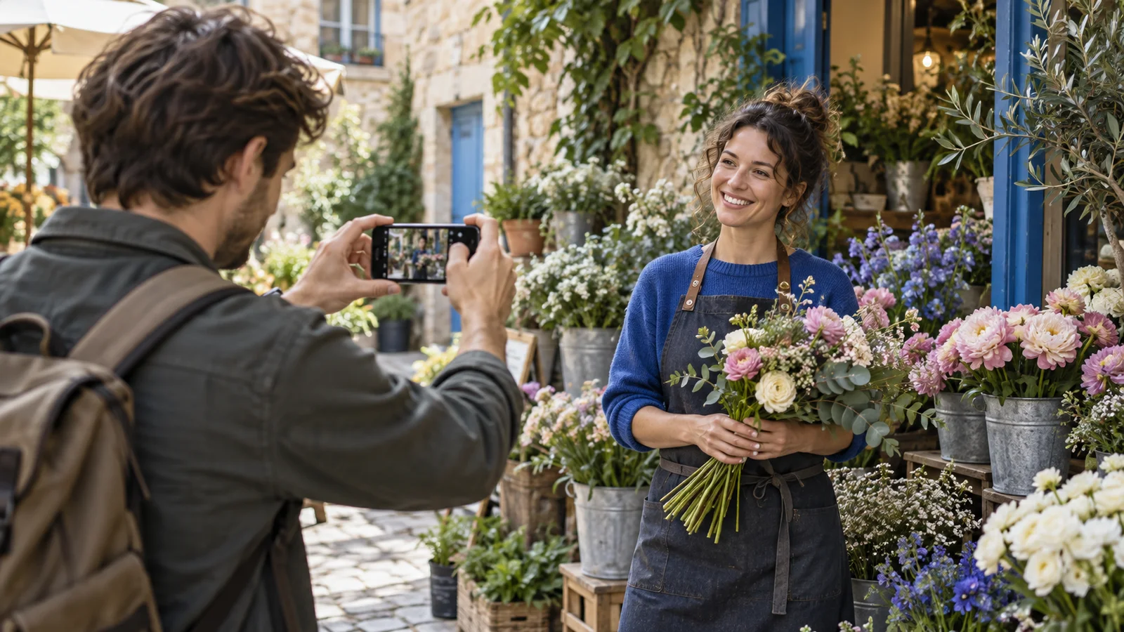 Over-the-shoulder view of a person framing a flower seller with an unbranded smartphone at an outdoor stall.