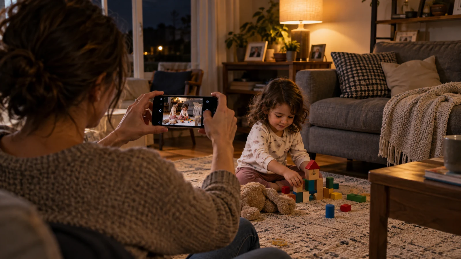 A parent framing a child with a phone in a dim living room lit by a household lamp.