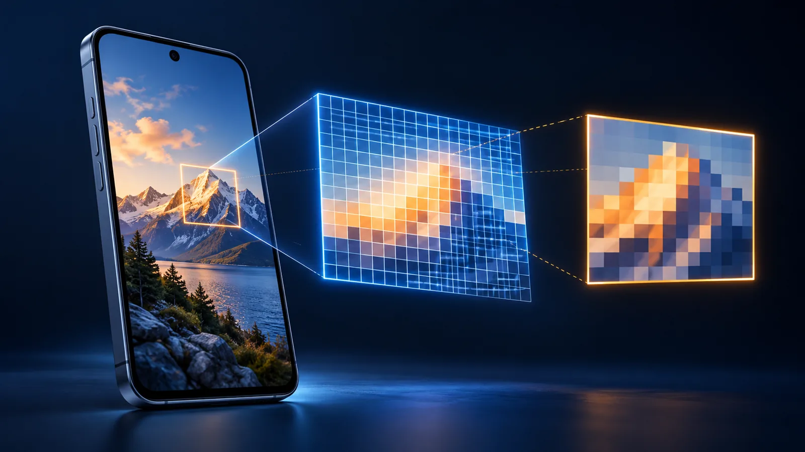 Conceptual smartphone beside a blue sampling grid and amber crop frame