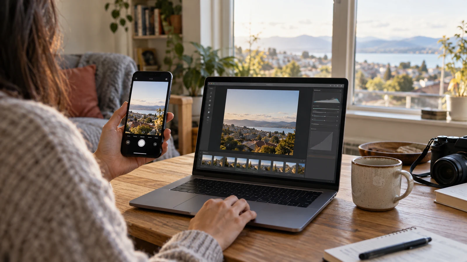 A person using a phone beside a laptop for photo editing near a bright window.