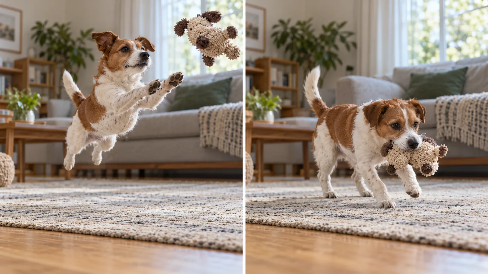 Illustrative two-panel dog-catching scene: the desired airborne pose on the left and a later pose on the right.