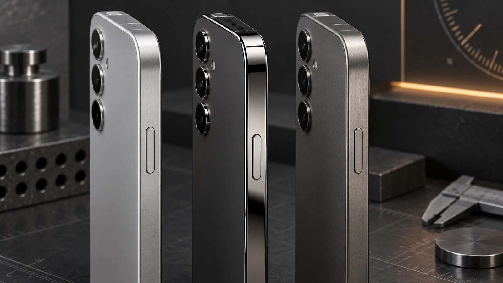 Concept comparison of three generic smartphone frames finished as aluminum, polished stainless steel and brushed titanium