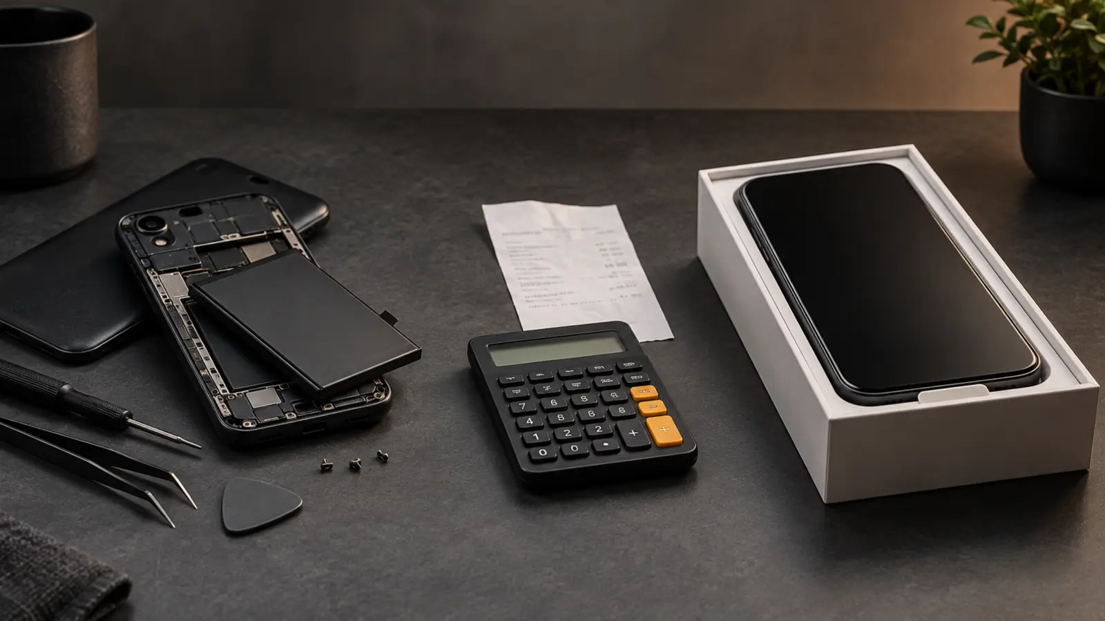 An opened older smartphone and replacement battery beside a calculator, repair receipt and boxed new phone