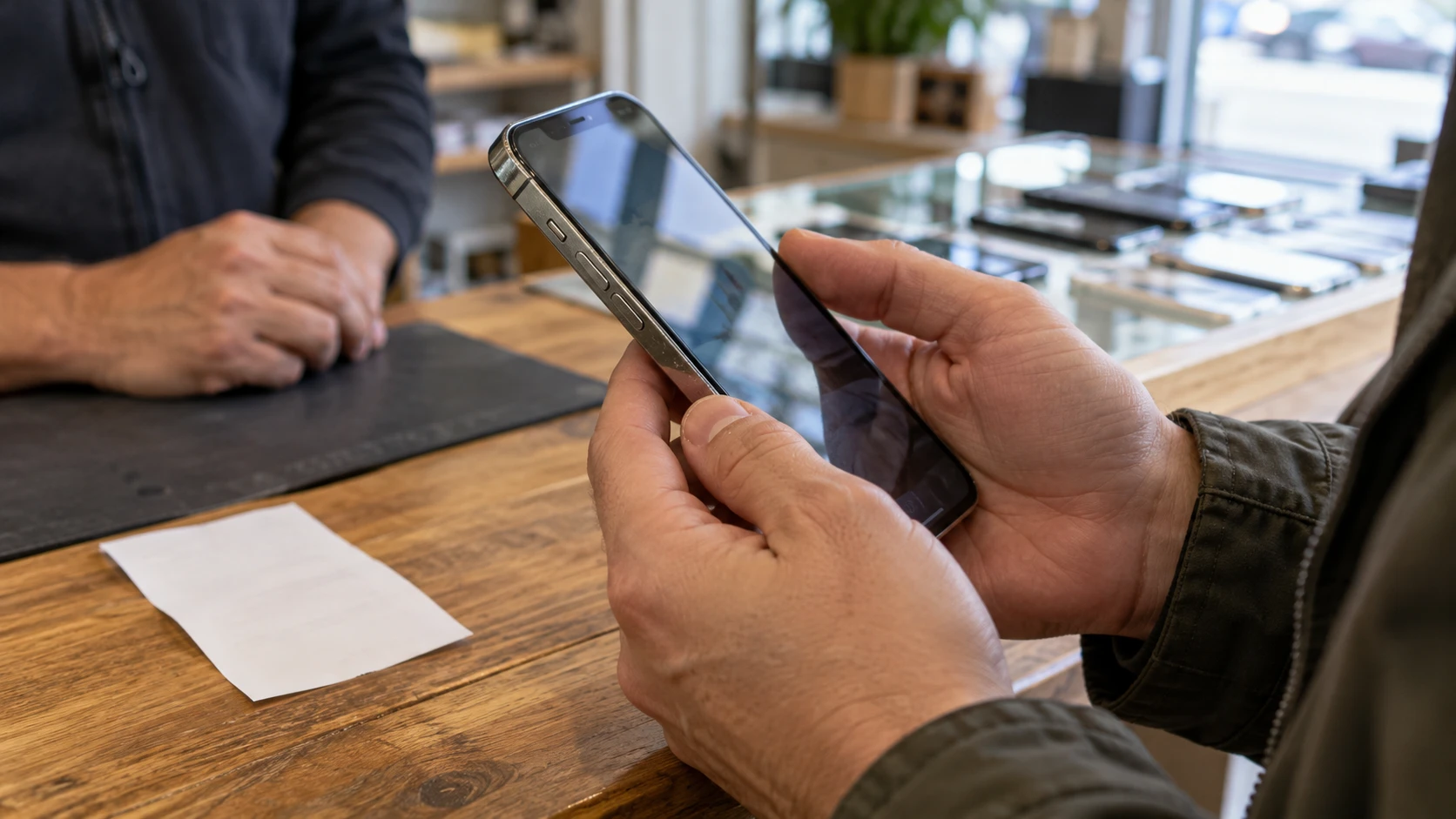 Buyer inspecting a used iPhone at a secondhand shop counter before payment.