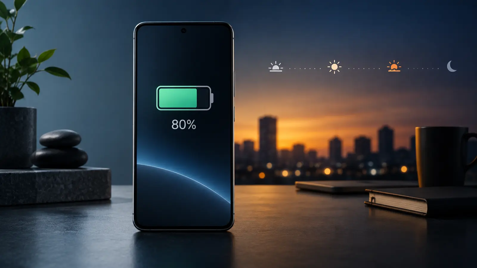 A smartphone stopped at 80 percent charge beside a timeline fading from daytime to night, illustrating the trade-off between battery protection and daily runtime