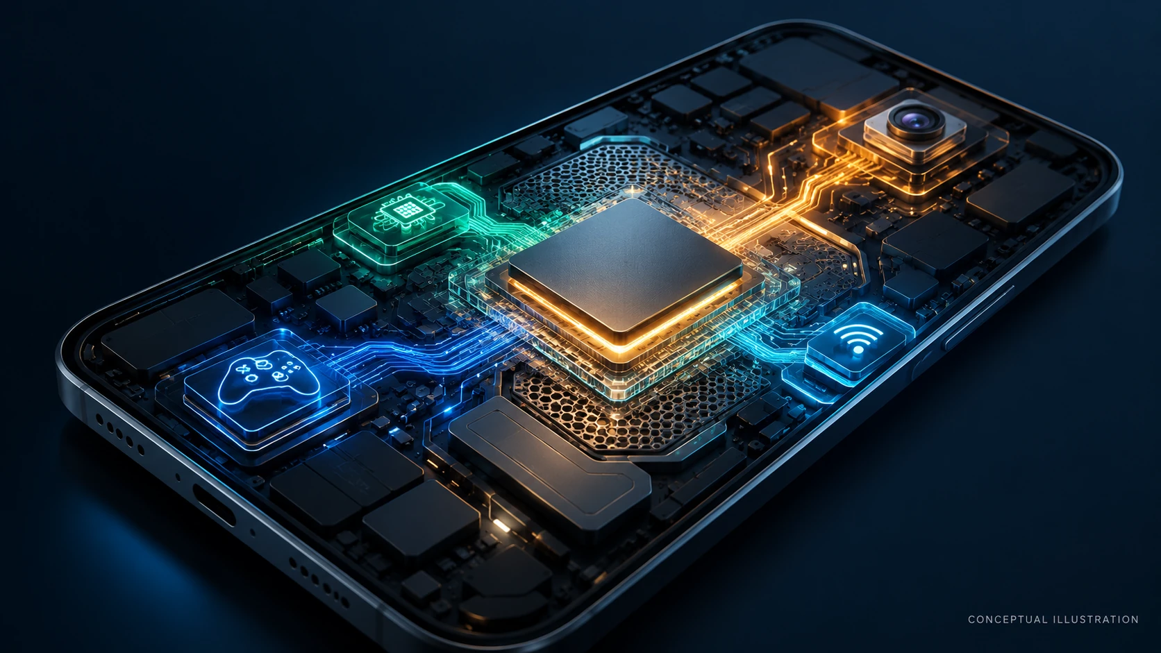 Conceptual smartphone and processor with paths representing gaming, camera and wireless connections