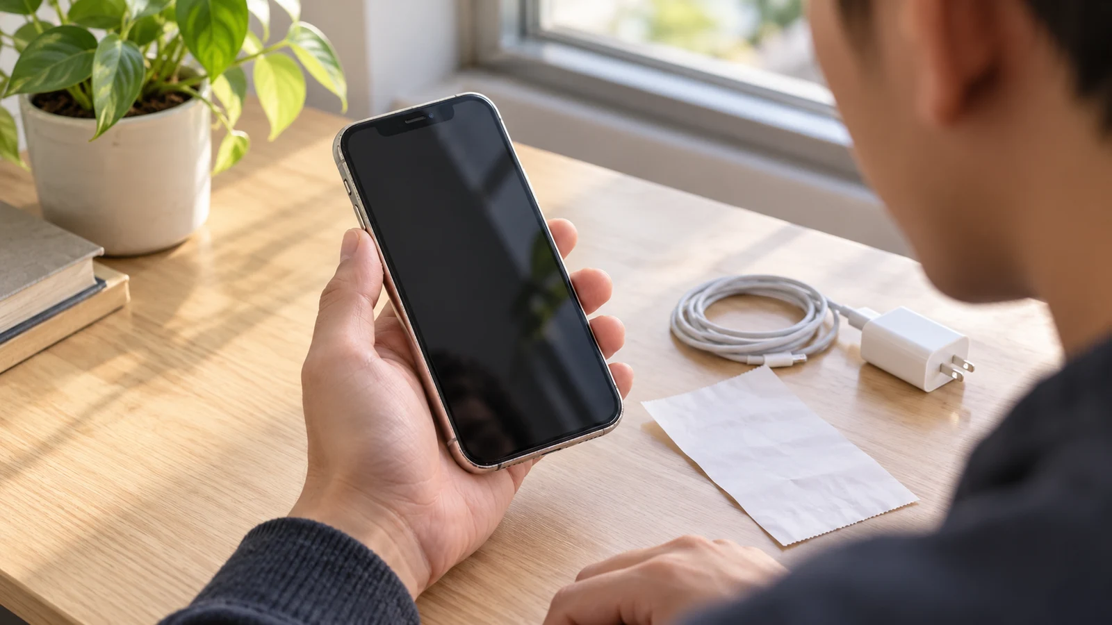 Illustration of a buyer examining a used iPhone with its screen off at a desk in natural light.