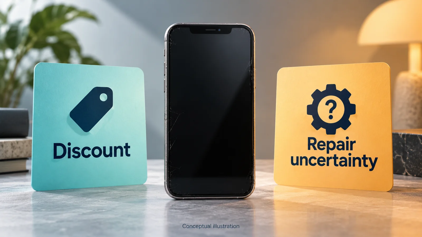 Conceptual illustration of a used iPhone with a blank screen between Discount and Repair uncertainty cards.
