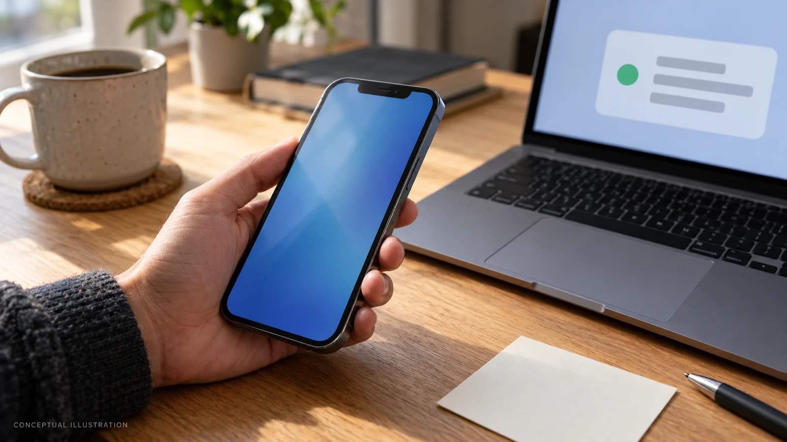 Conceptual illustration of a buyer holding a used iPhone beside a laptop with an abstract lookup card on a sunlit desk.