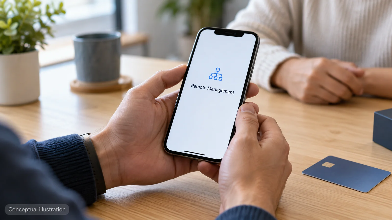 Conceptual illustration of a buyer inspecting a used iPhone showing Remote Management before paying, photographed in a natural daylight style.