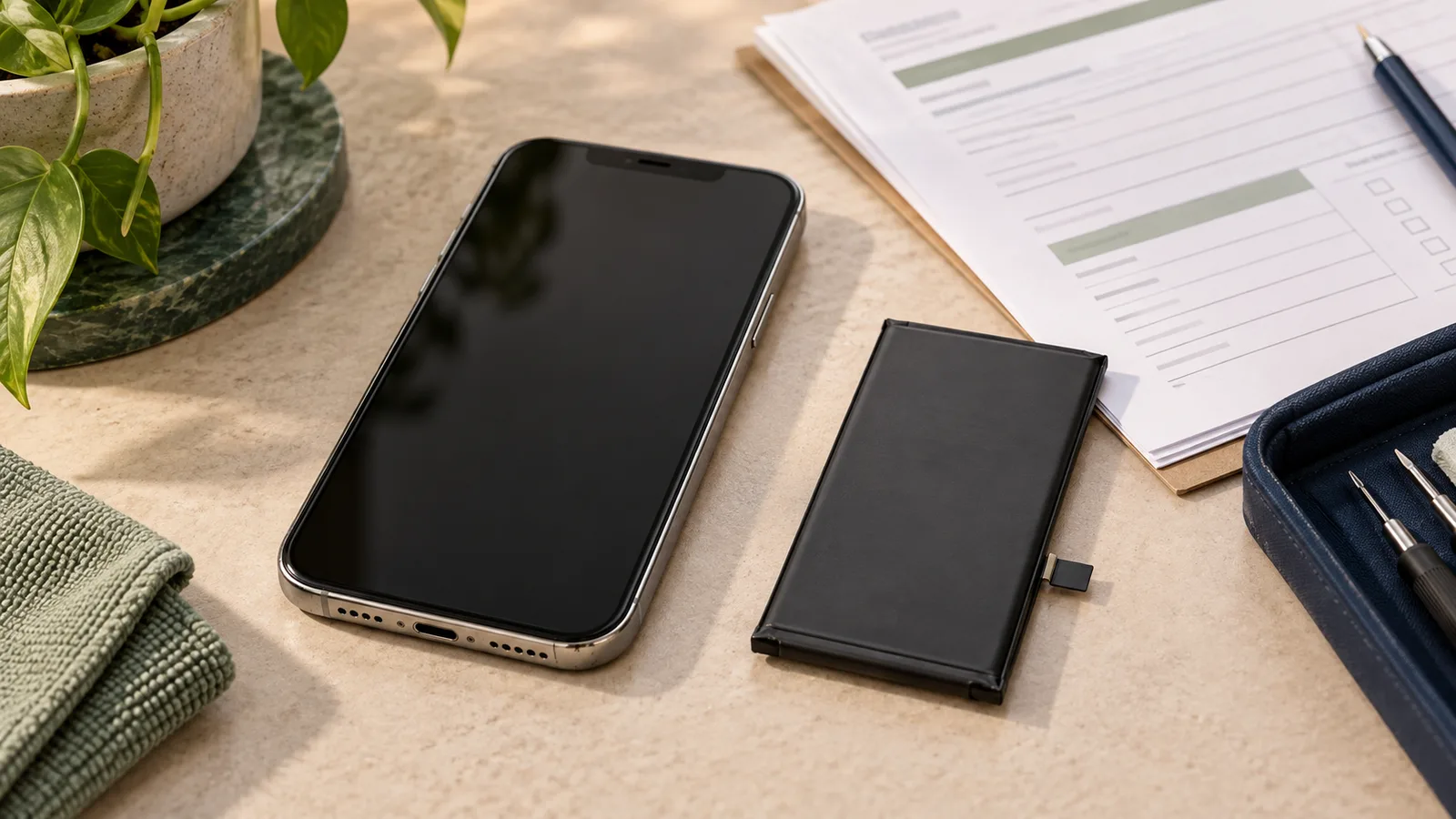 Conceptual editorial image of a used iPhone with its screen off beside a separate replacement battery and repair paperwork.