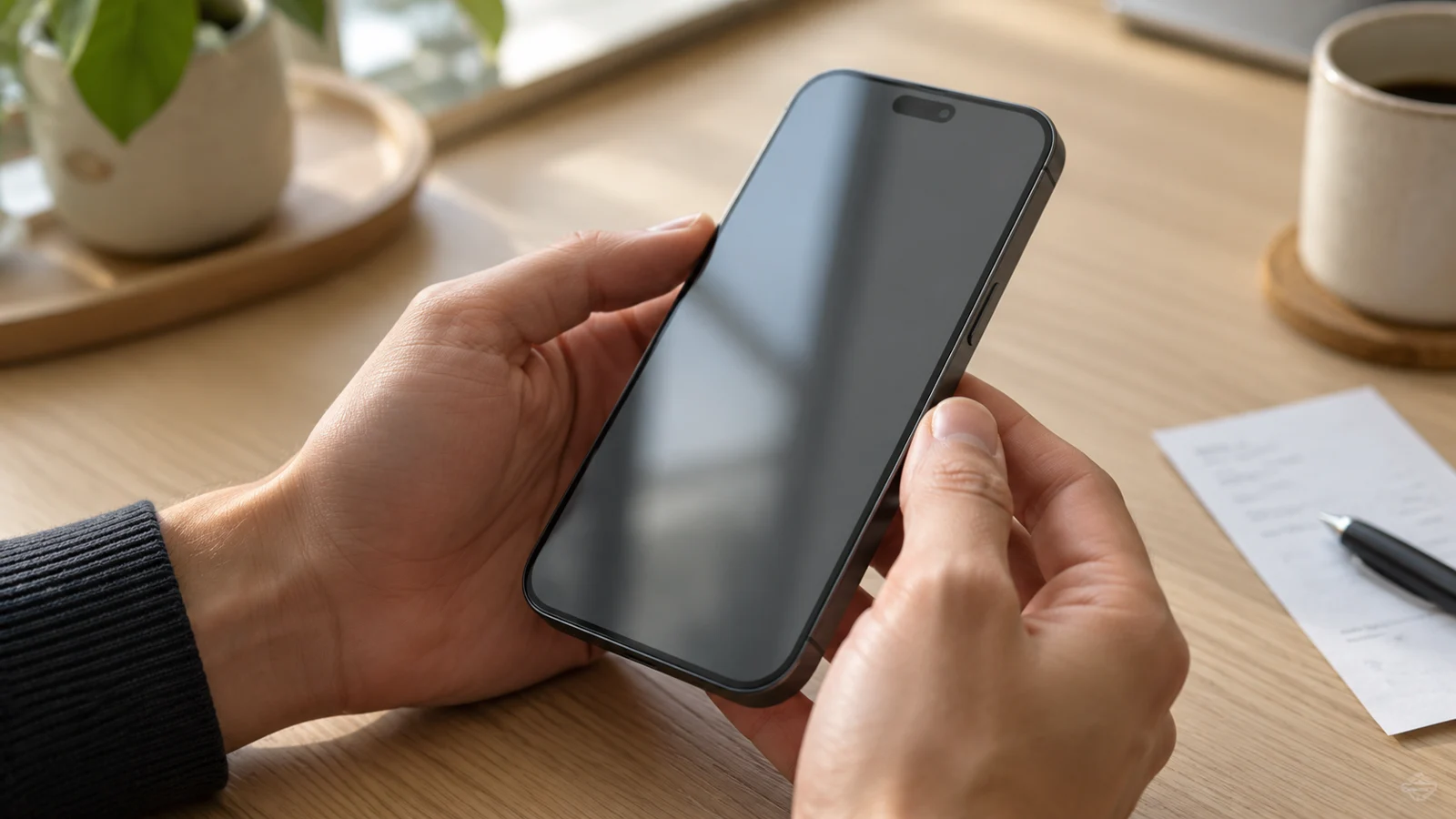 AI-generated conceptual image of a buyer inspecting the screen and edges of a used iPhone in natural window light.