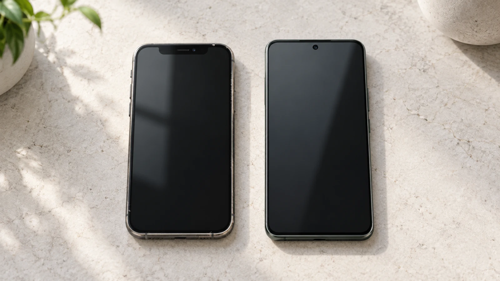 An older notched iPhone with light edge wear beside a clean punch-hole Android phone on a stone desk; generic illustrative devices.