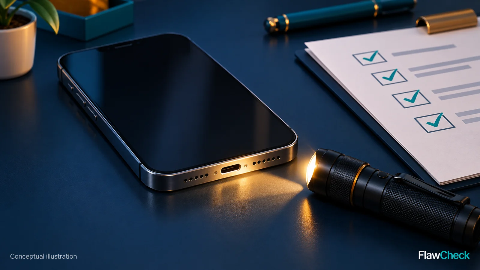 Conceptual illustration of a dry used smartphone on an inspection desk beside a flashlight and checklist.