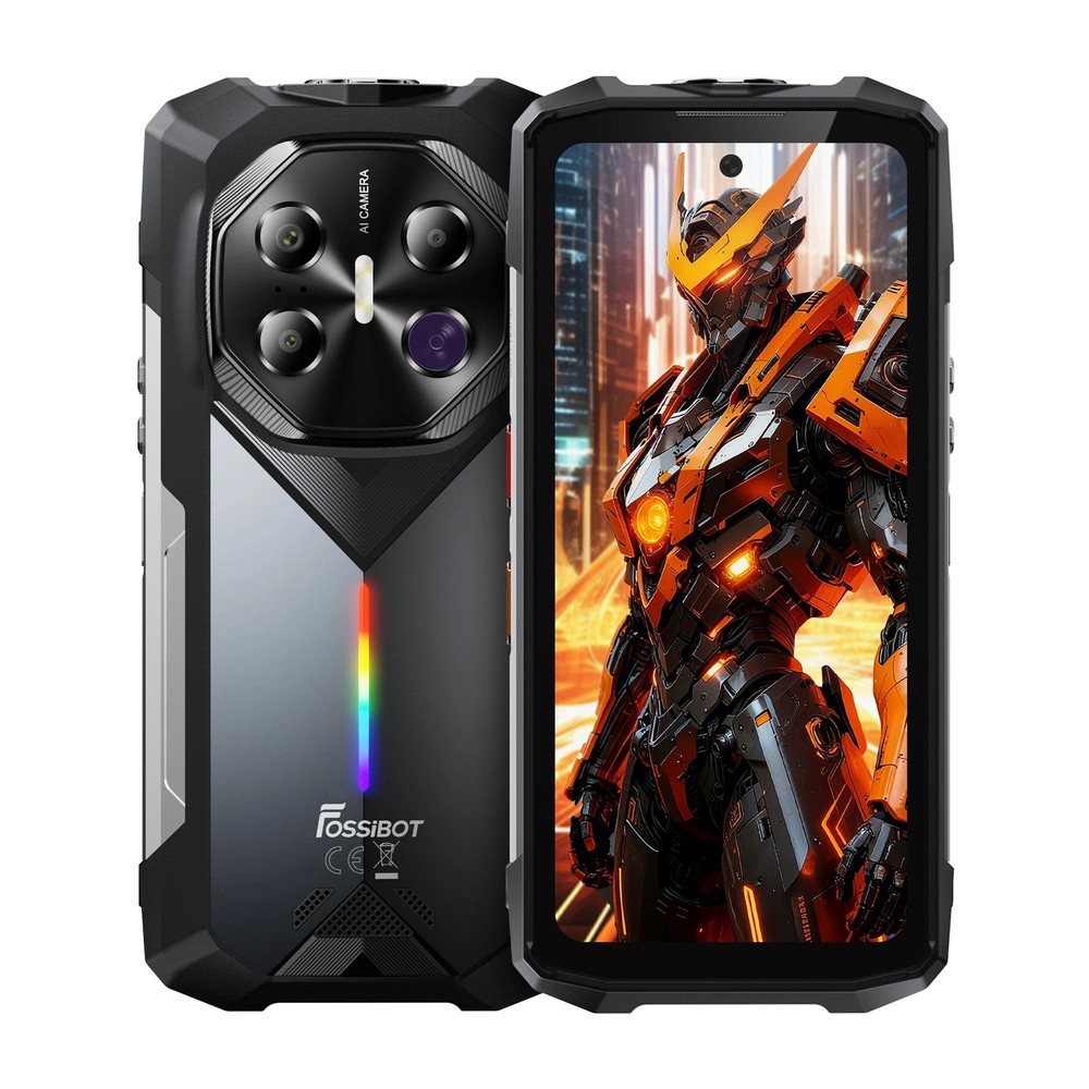 Official FOSSiBOT F113 artwork showing the front and rear of the rugged phone.
