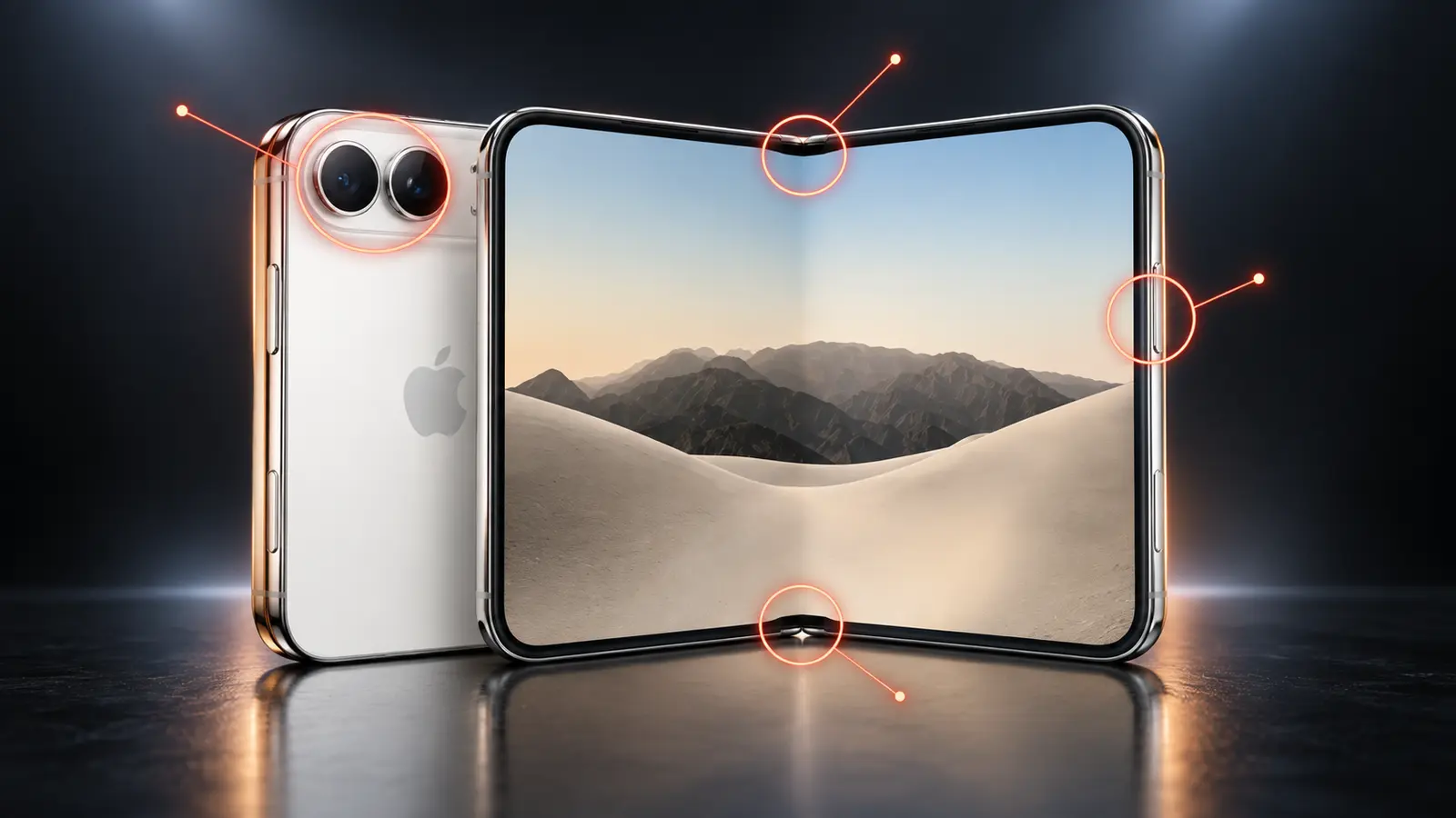 Editorial concept of a premium book-style foldable phone opened to reveal its inner display