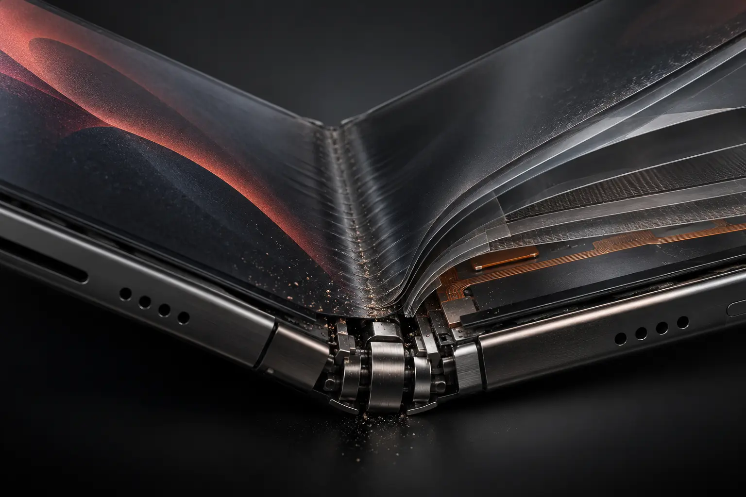 Editorial macro concept showing a foldable phone hinge, flexible display layers and pocket dust near the fold