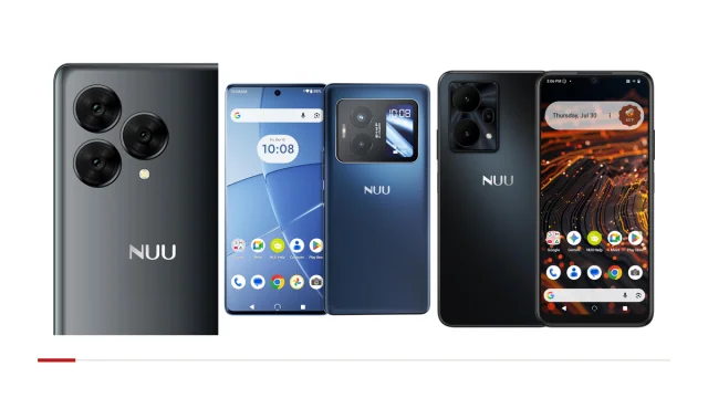 NUU B30 rear detail beside B40 and current X10 retailer product views; a model selection illustration